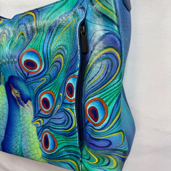 Anuschka Hand-Painted Leather Shoulder Bag Peacock Feathers Blue Green Purse - Picture 10 of 16
